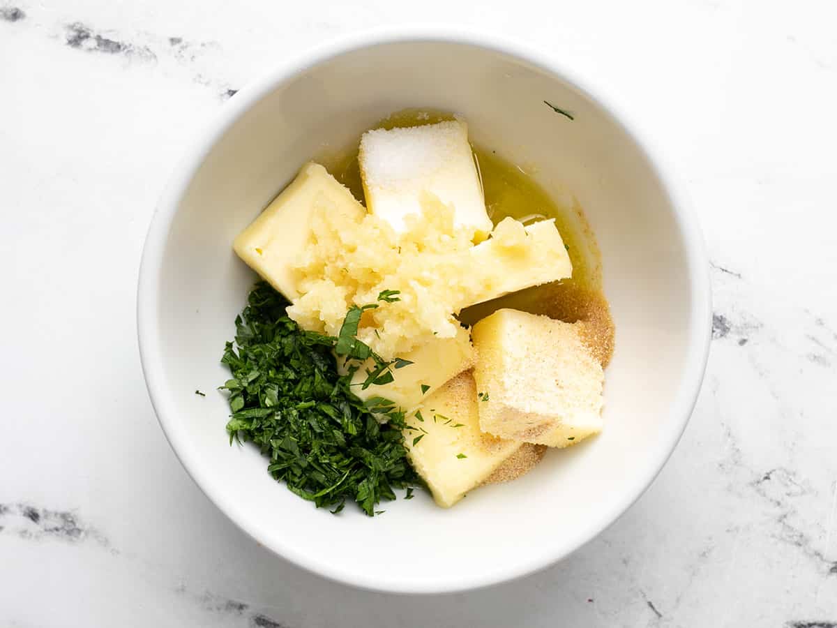 Garlic butter ingredients in a bowl.