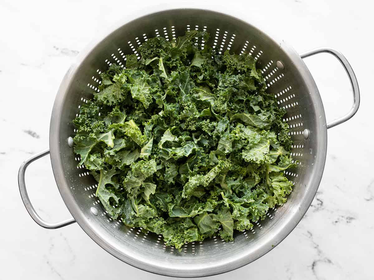 Chopped kale in a colander