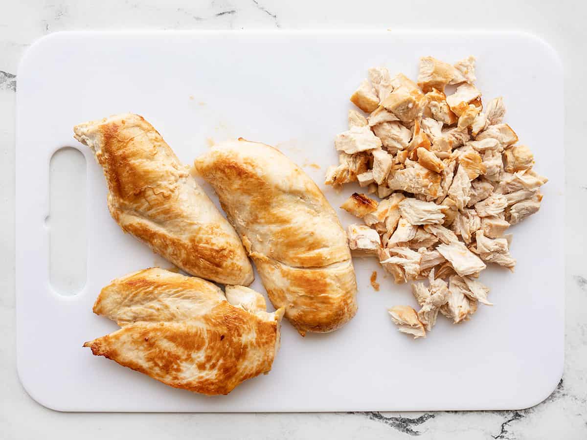 Chopped chicken on a cutting board