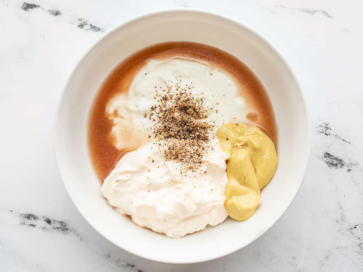 chicken salad dressing ingredients in a bowl