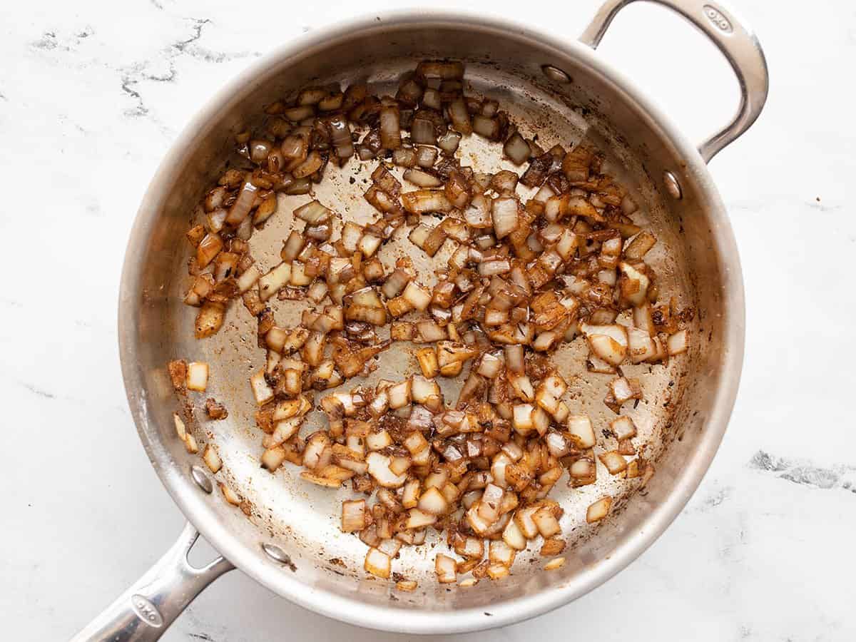 Sautéed onions in the skillet.