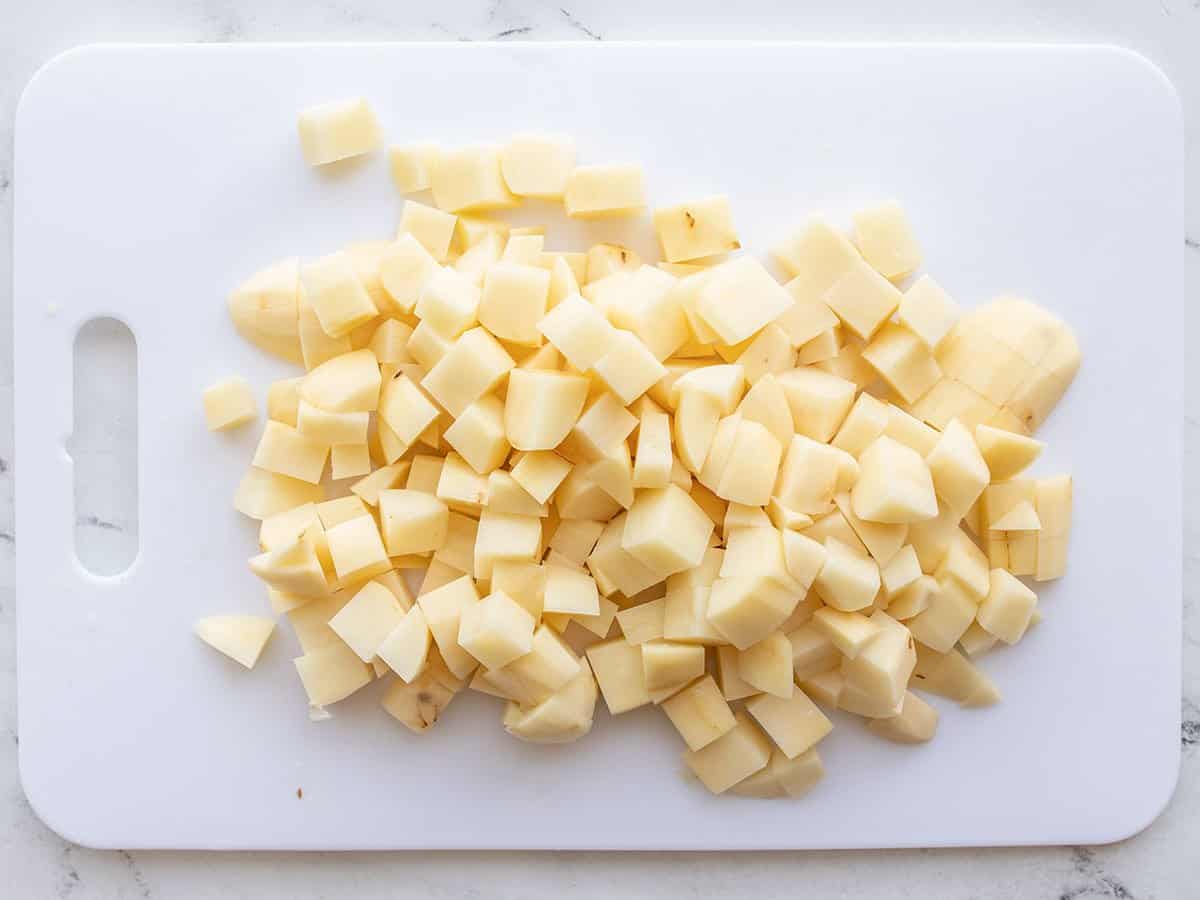 Diced Potatoes on a cutting board