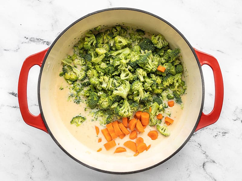 Chopped vegetables added to the pot