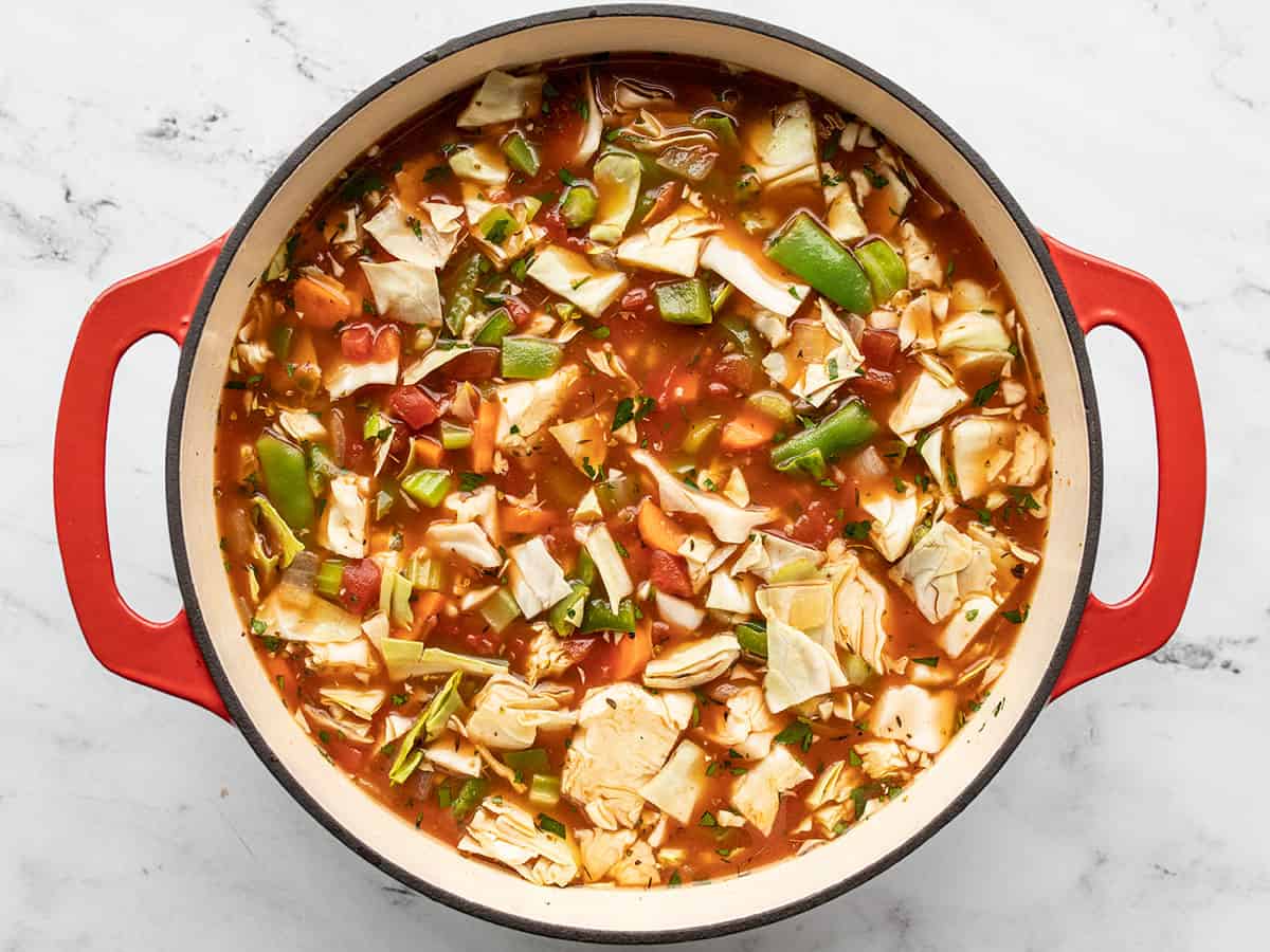 Cabbage soup before simmering