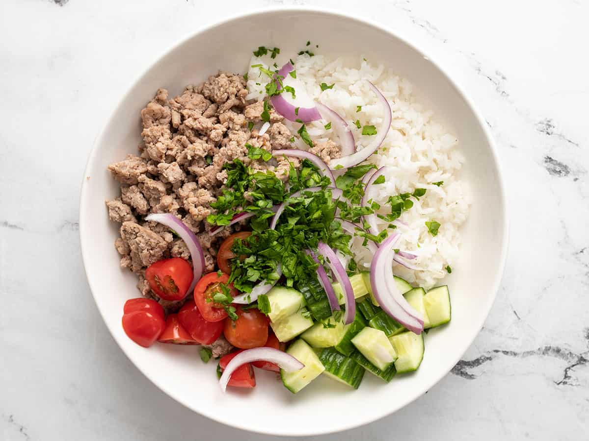 Mediterranean turkey bowls prepped without the yogurt sauce.