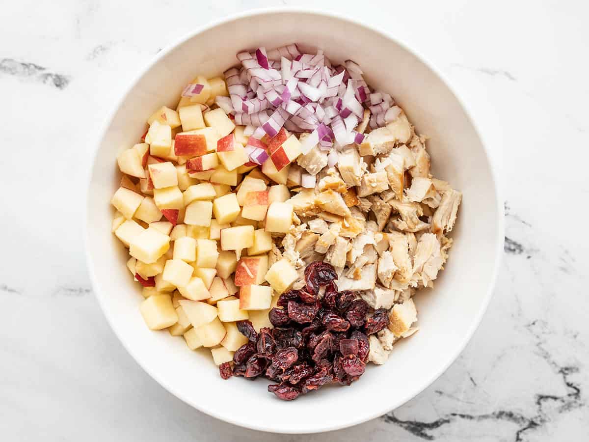 Chicken salad ingredients in a bowl