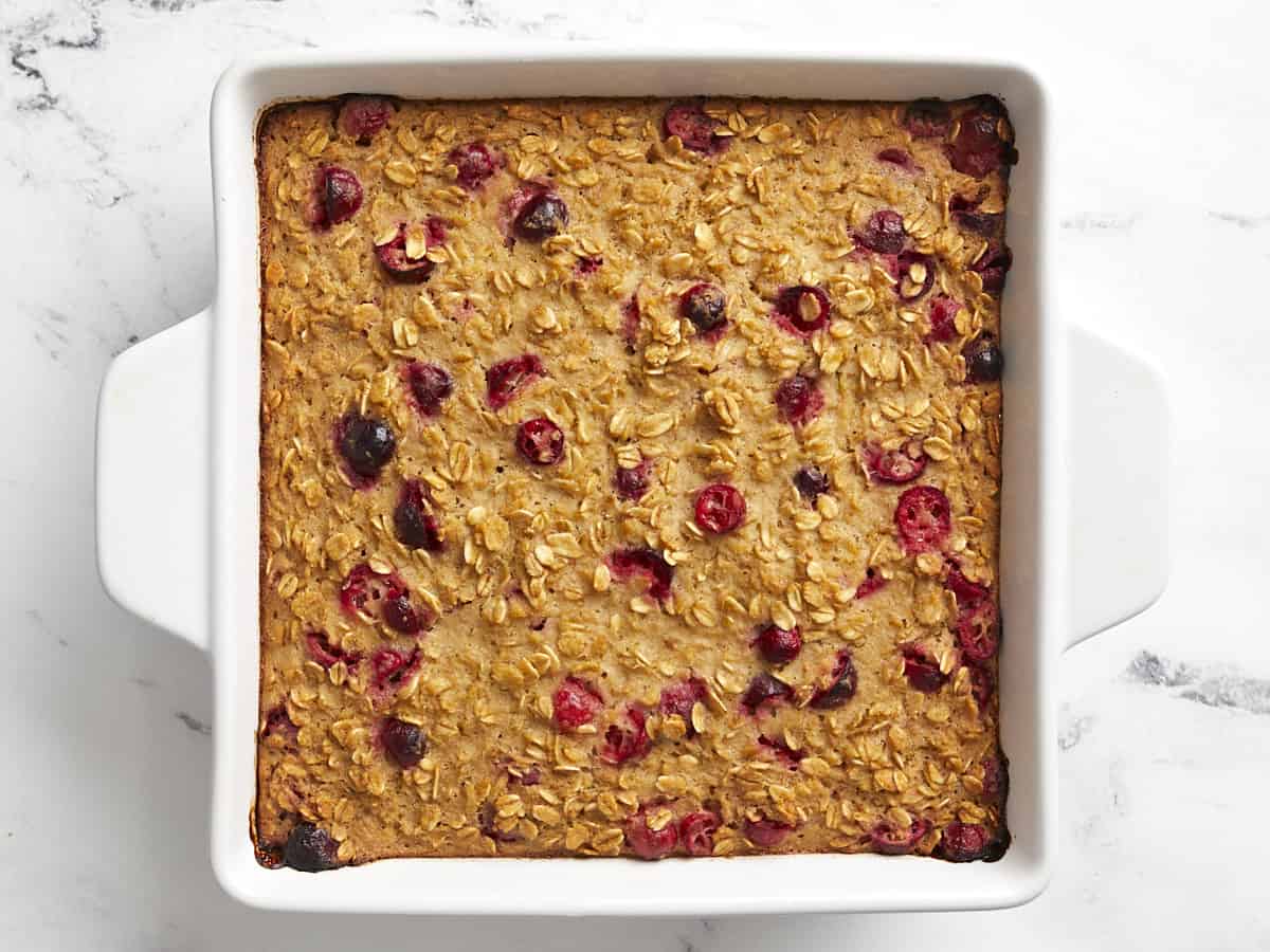 Baked oatmeal in the casserole dish after coming out of the oven. 