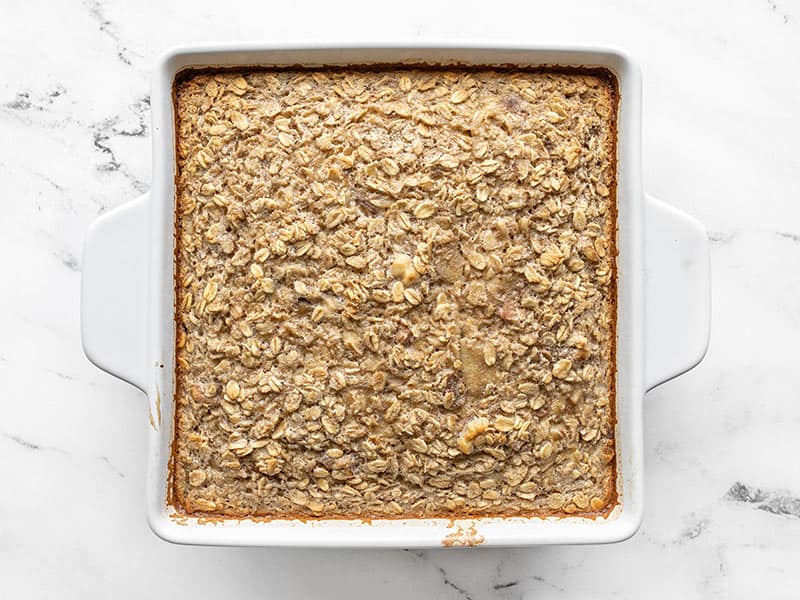 baked banana bread oatmeal in the casserole dish