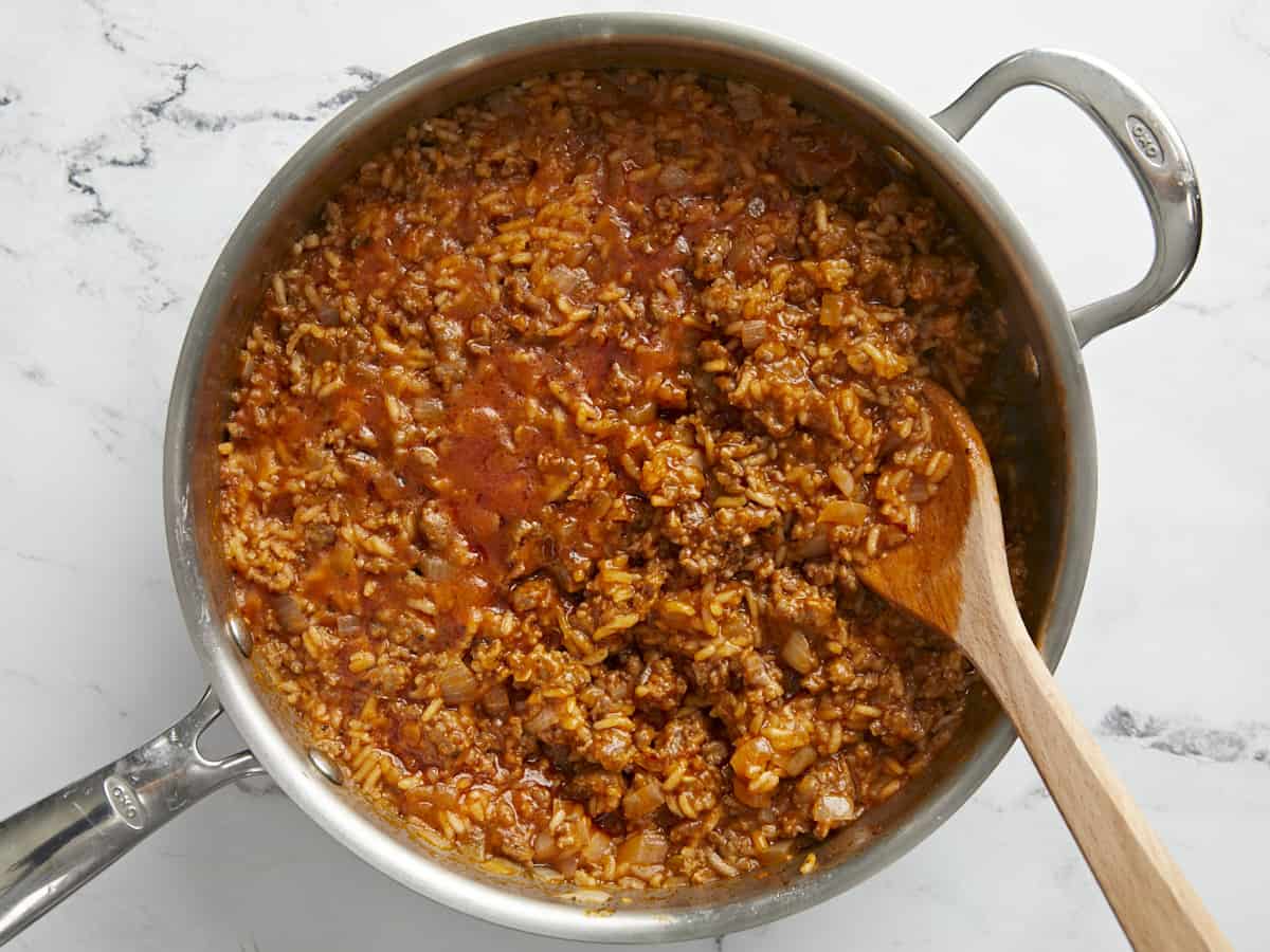 Cooked stuffed bell pepper filling.