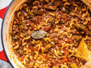 close up of american goulash in the pot