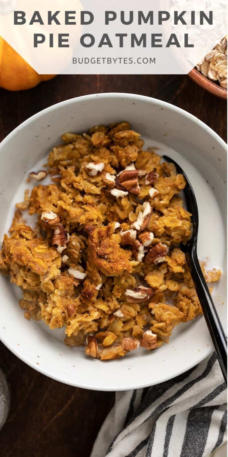 Overhead view of a bowl of baked pumpkin pie oatmeal with milk and nuts.