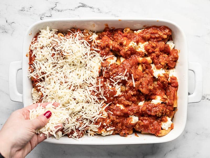 Second layers of pasta, ricotta, and sauce, and final layer of mozzarella