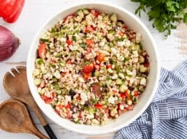 overhead view of barley salad in a bowl.