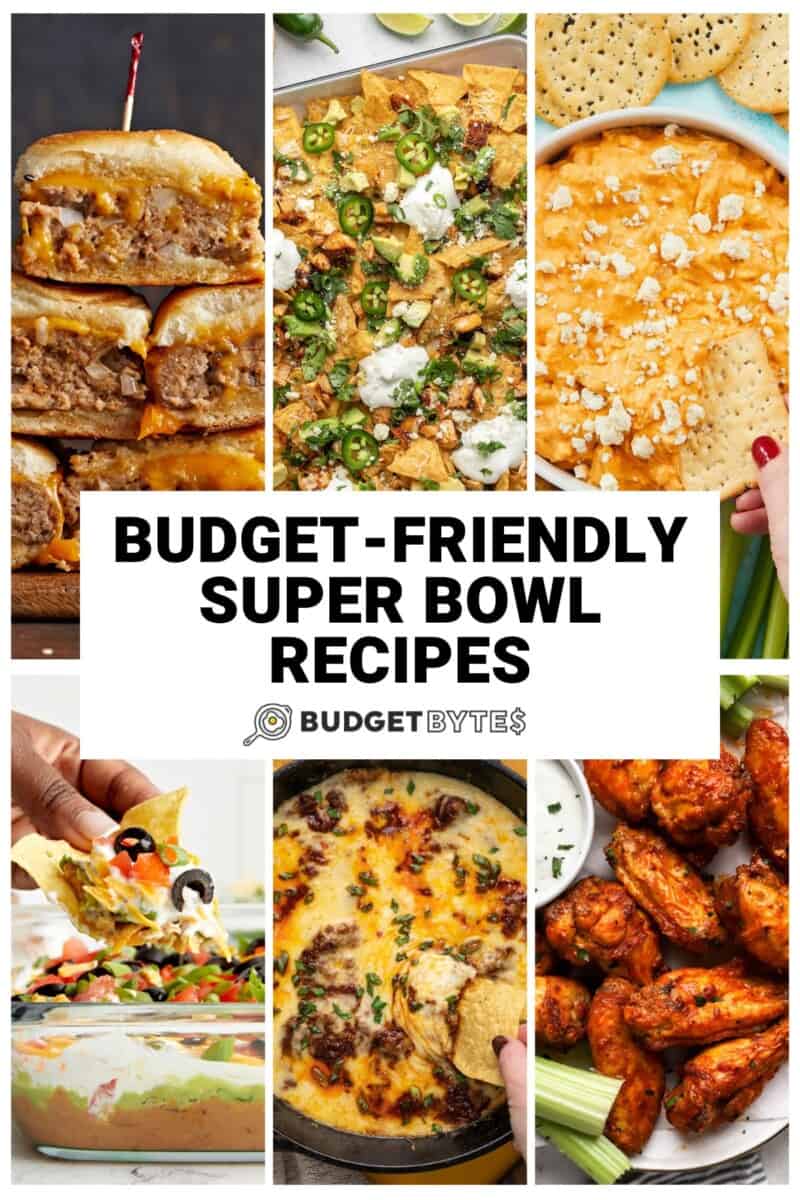 Collage of six budget-friendly Super Bowl Recipes.