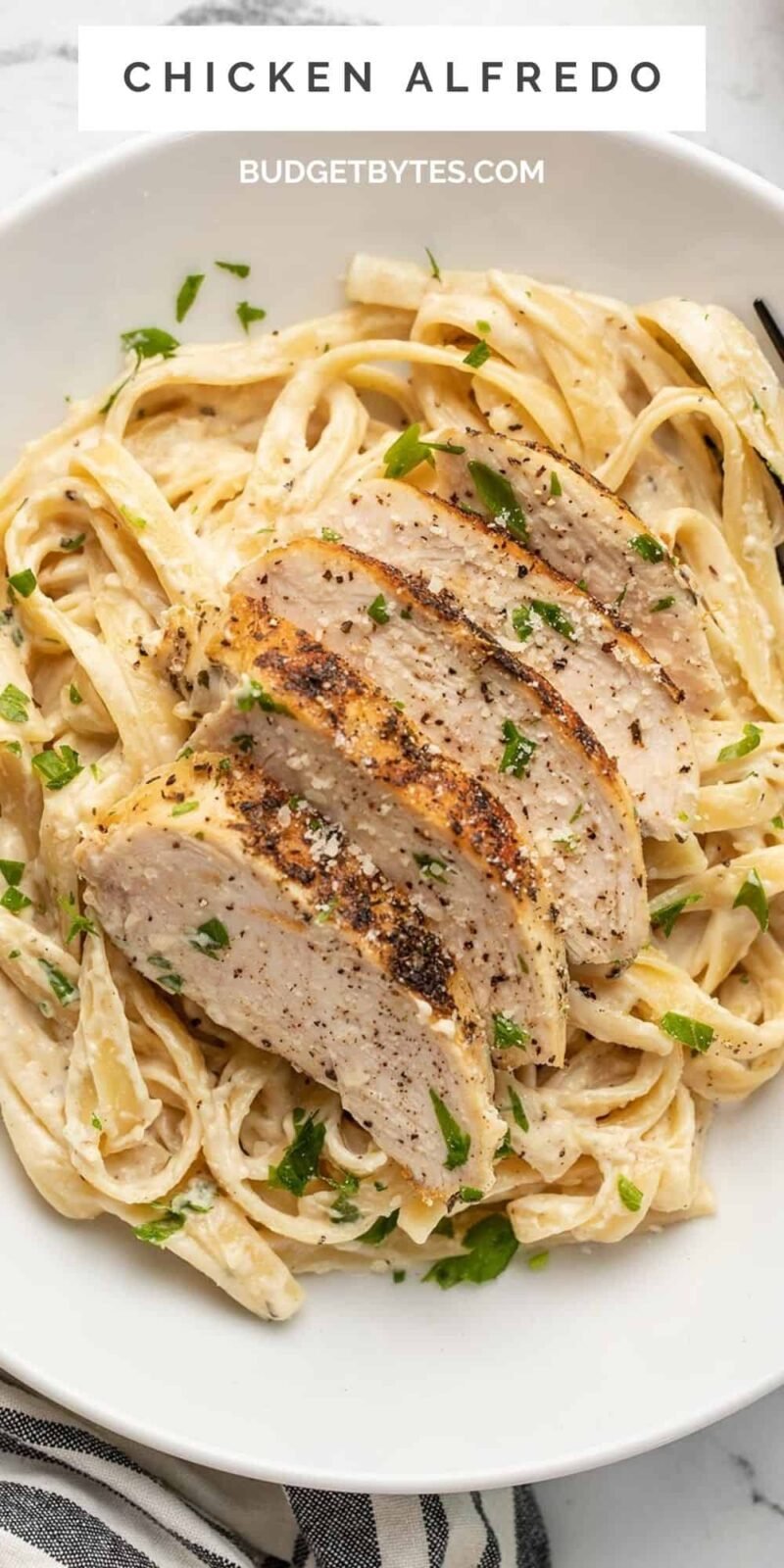 Close up overhead view of a bowl full of chicken alfredo.