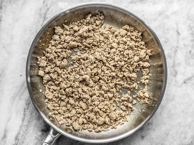 Cooked Ground Turkey and Garlic in the skillet