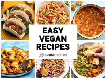 Collage of six vegan recipes with title text in the center.