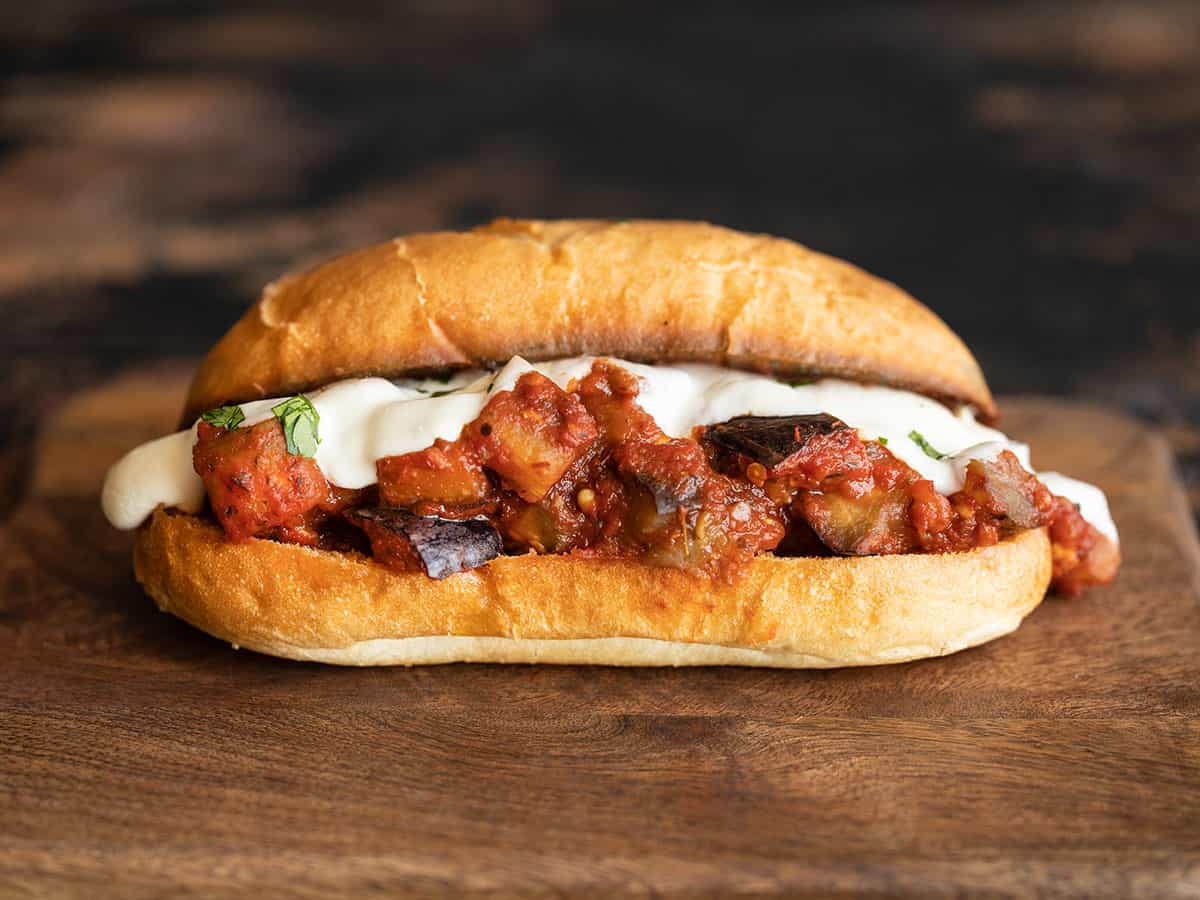 front view of one eggplant mozzarella sandwich