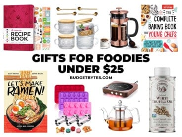 Collage of gifts for foodies with title text in the center.