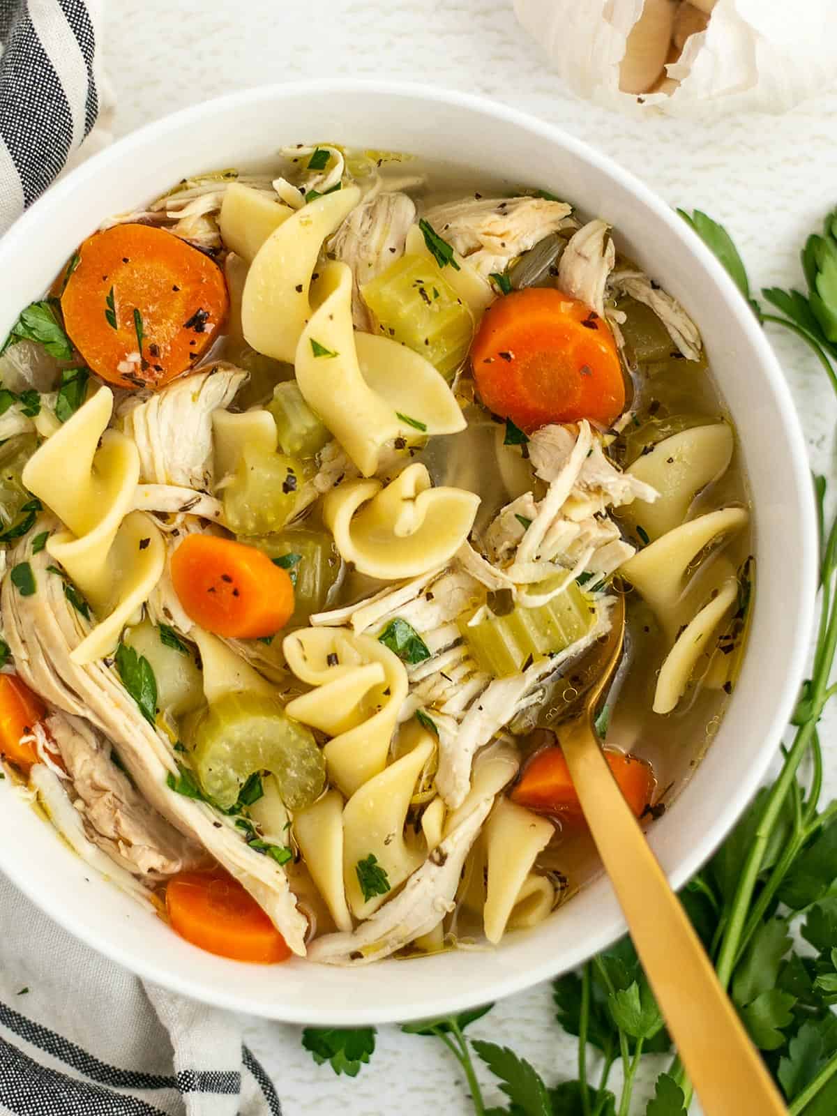 Close up overhead view of a bowl of chicken noodle soup.