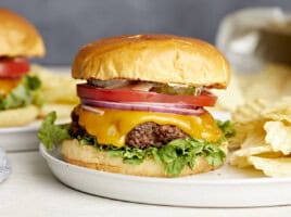 Front close up view of a homemade hamburger dressed with toppings.