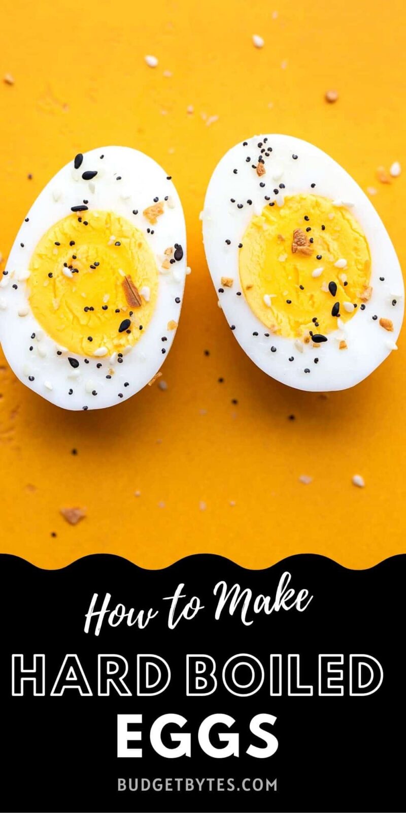 a hard boiled egg cut in half, sprinkled with everything bagel seasoning