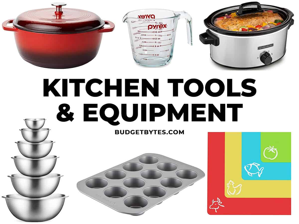 Collage of different kitchen tools with title text in the center. 