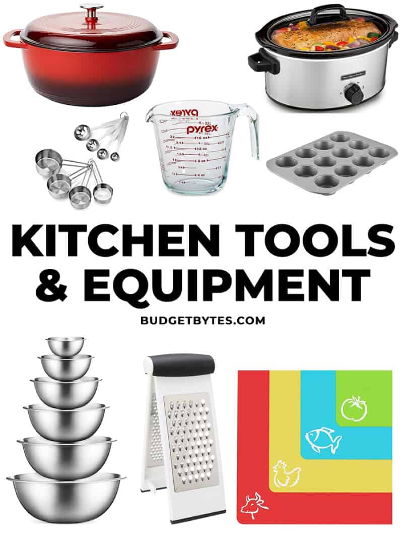 Collage of kitchen tools with title text in the center.