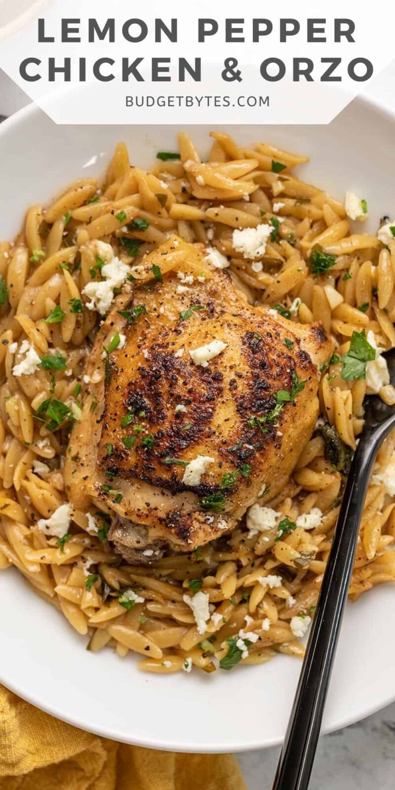 Overhead view of lemon pepper chicken and orzo in a bowl with title text at the top.