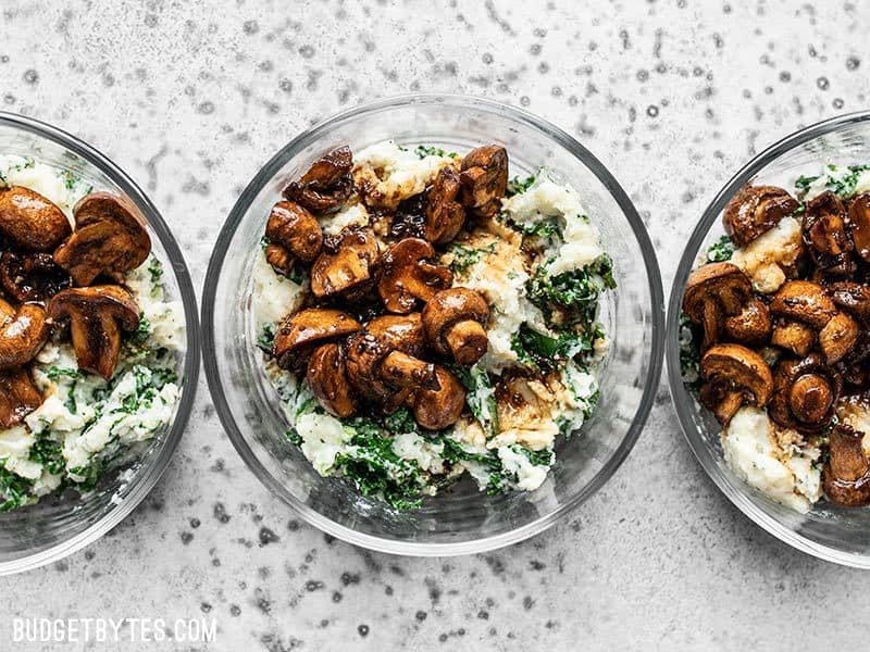 Meal prepped Balsamic Roasted Mushrooms with Herby Kale Mashed Potatoes