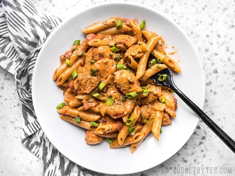 A bowl full of One Pot Creamy Cajun Chicken Pasta