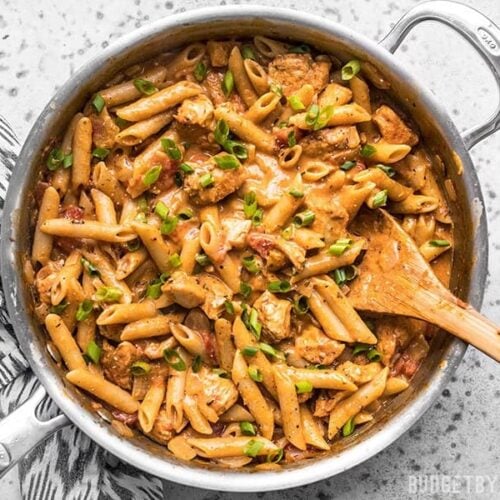 One Pot Creamy Cajun Chicken Pasta in the pan.