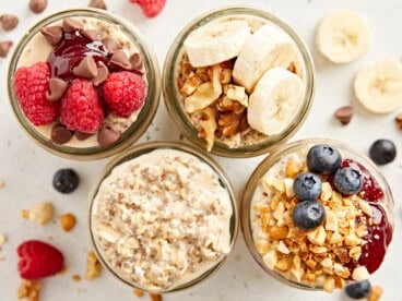 Overhead view of overnight oats with various toppings