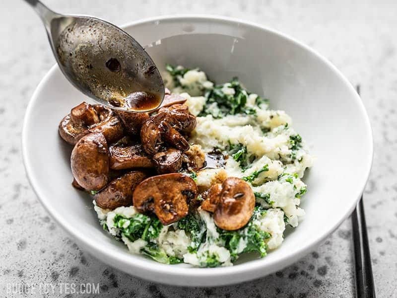 Drizzle balsamic pan sauce over mushrooms and mashed potatoes