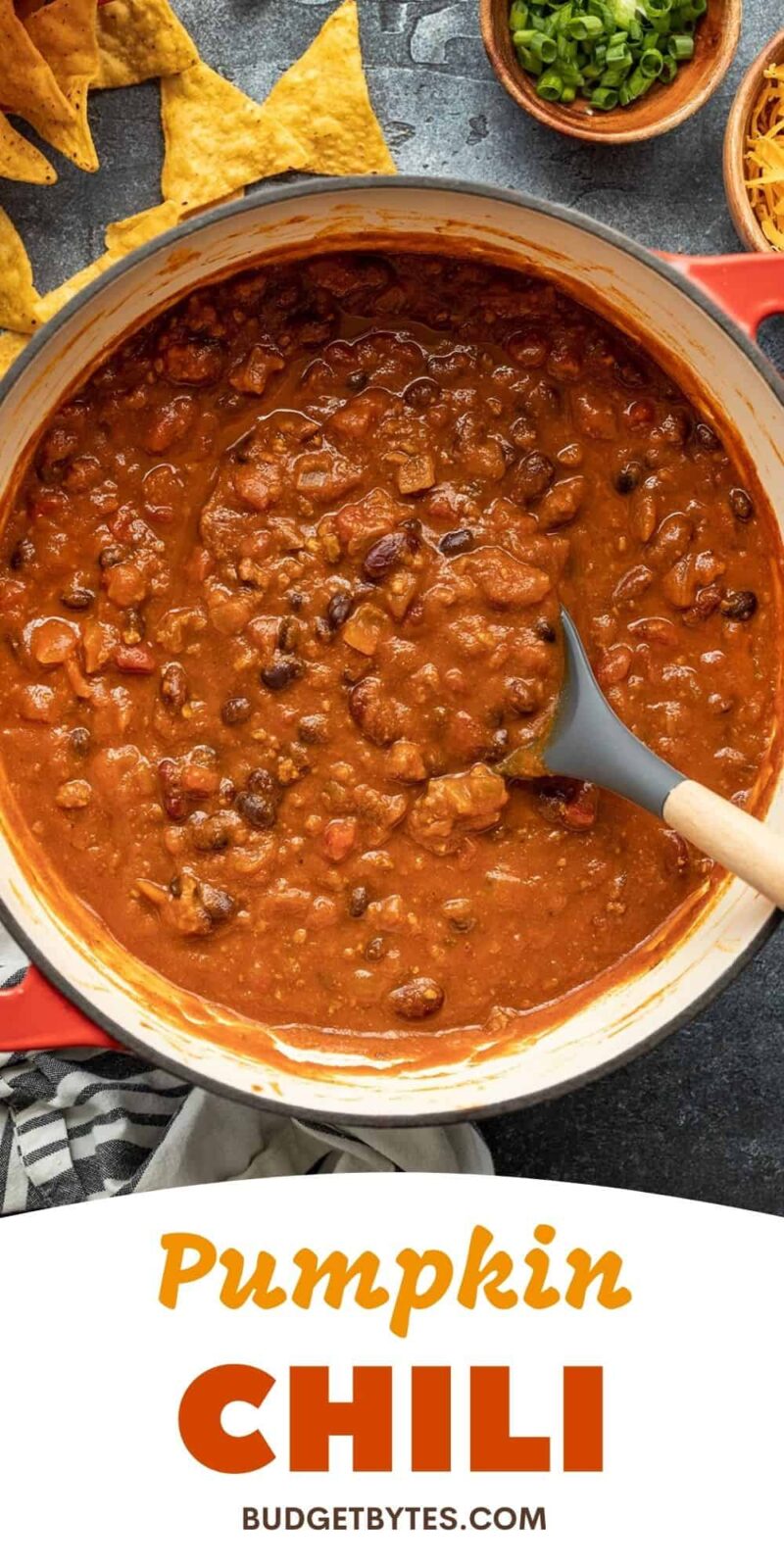 pumpkin chili in the pot, title text at the bottom