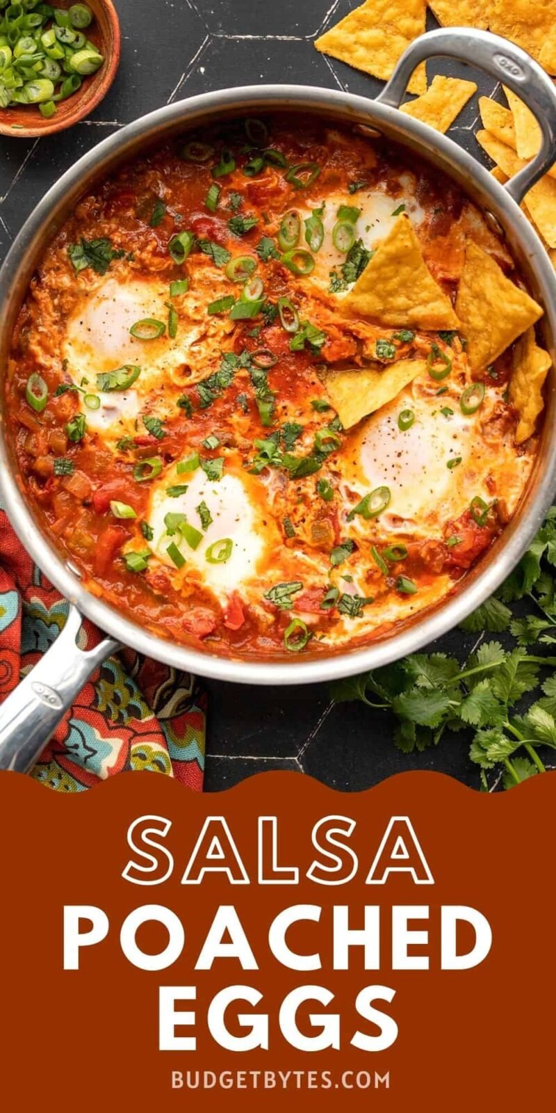 overhead view of a skillet full of salsa poached eggs, title text at the bottom.