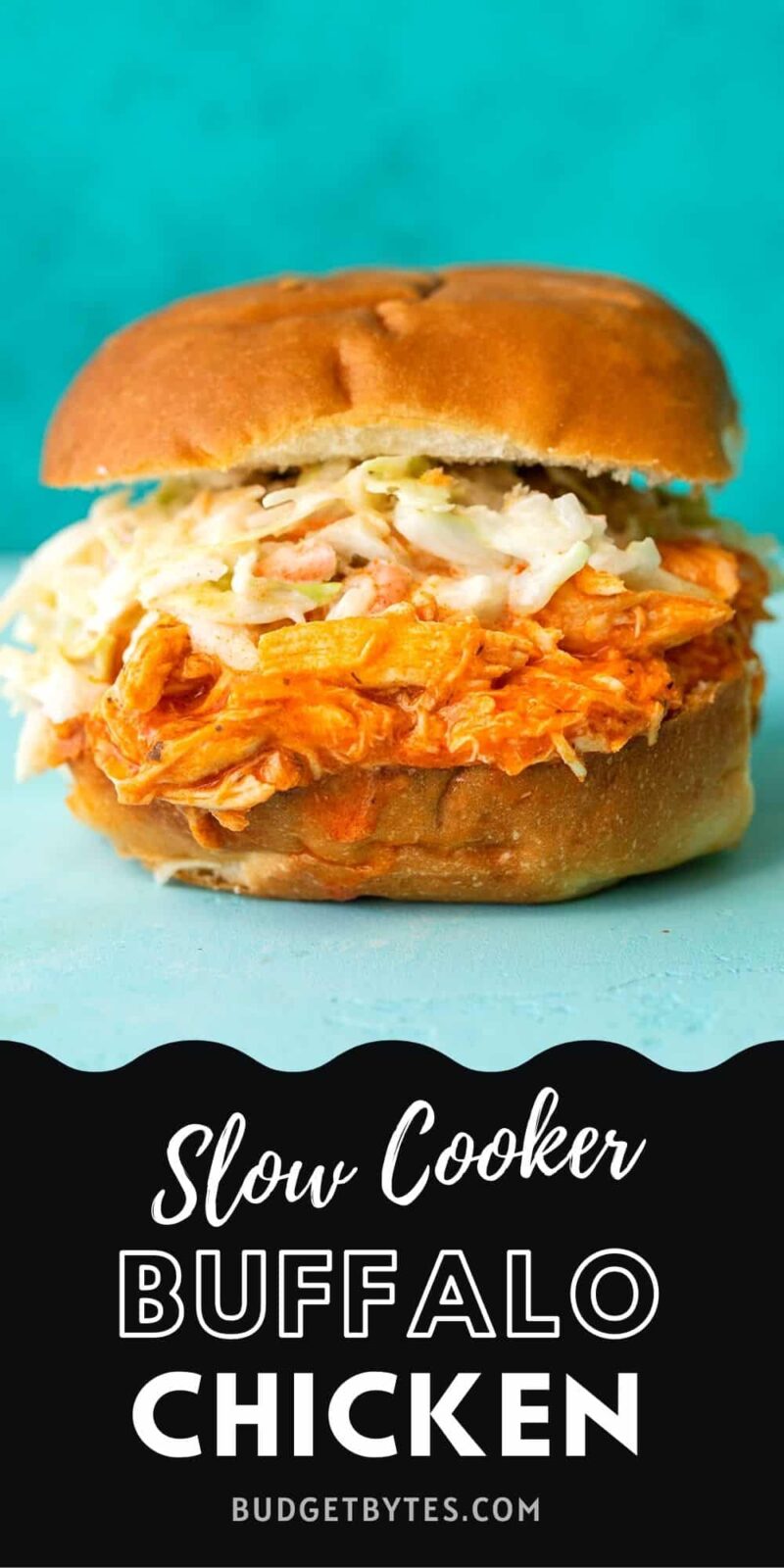 A buffalo chicken sandwich against an aqua background, title text at the bottom