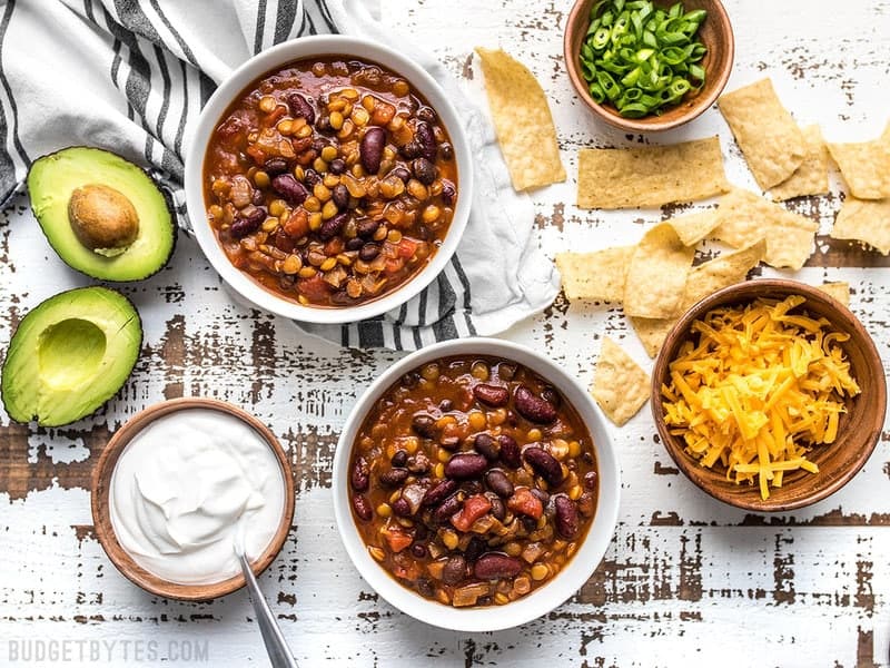 Slow Cooker Vegetarian Lentil Chili ready to top