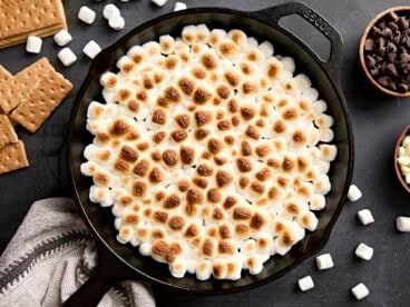 Close up of s'mores dip in a skillet