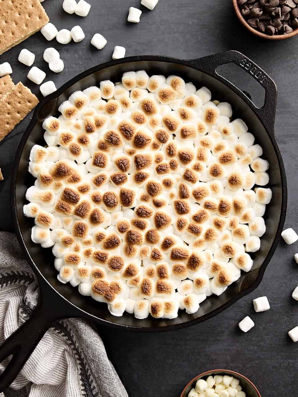 Overhead view of s'mores dip in a skillet