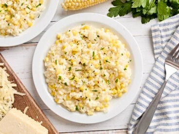 Sweet corn risotto on a plate.