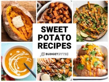 Collage of six sweet potato recipes with title text in the center.