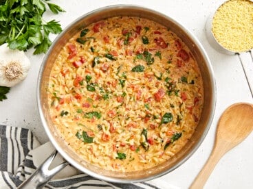 overhead view of tuscan orzo in a pan.