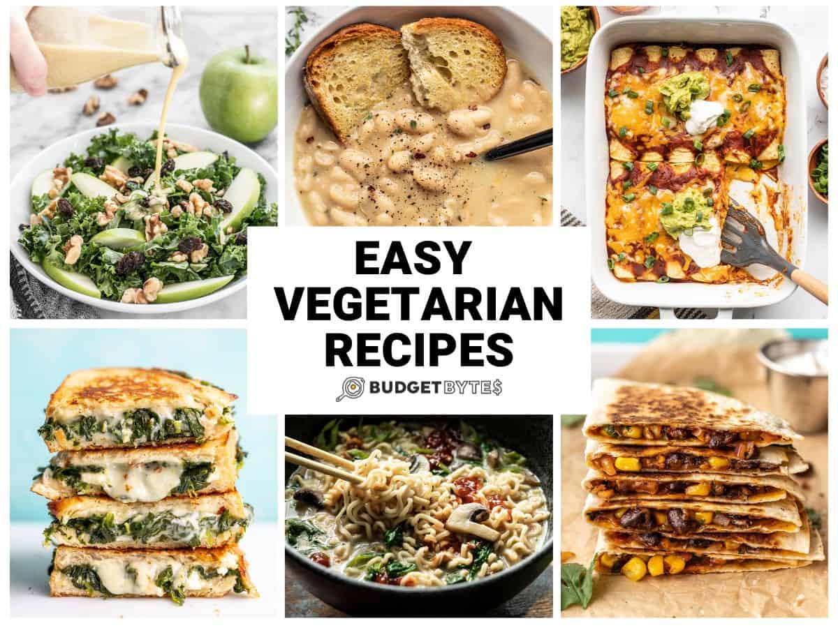 Collage of vegetarian recipe images with title text in the center.