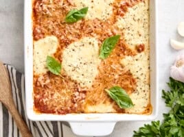 Overhead view of zucchini lasagna in a baking dish